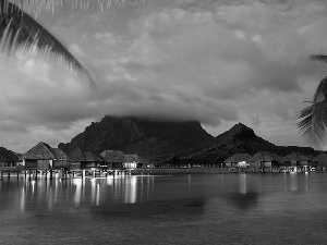 an, Houses, piles, Mountains, Bora Bora, Ocean, clouds, Island, Palms