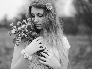 pink, flowers, Blonde, bouquet, Women