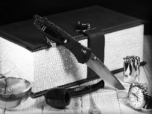 pipe, knife, A glass, book, Whisky