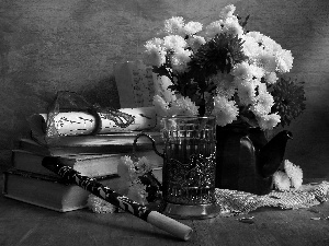 Books, bowl, pipe, Tunes, tea, Chrysanthemums