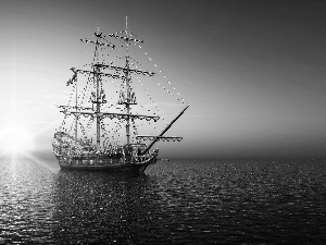 Pirates, sailing vessel, east, sun, sea, flag
