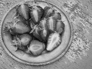 plate, strawberries, Halves