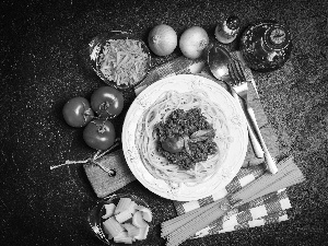 spaghetti, macaroni, tomatoes, plate