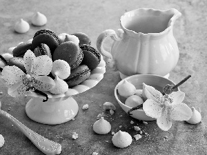 meringues, Macaroons, jug, plateau, Cookies, teaspoon, orchids