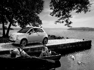 Platform, Fiat 500, lake, Boat, Tourists
