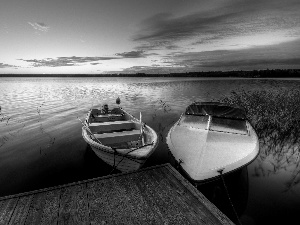 Platform, boats, west, sun, lake