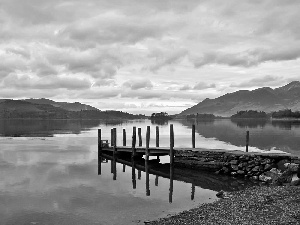 clouds, lake, Platform, Mountains