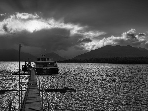 Platform, clouds, Mountains, Yacht, River