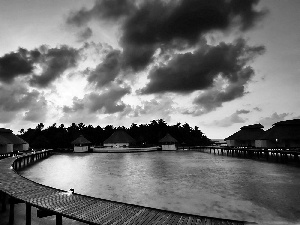 Platform, Houses, Bali, on The Water, Island, sea, clouds, Palms