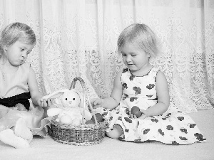 girls, eggs, plush toy, basket