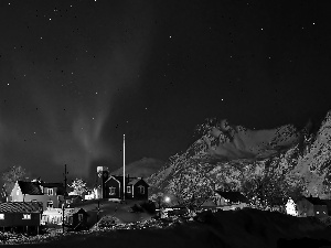 Mountains, Houses, Polaris, Lofoten, dawn, colony