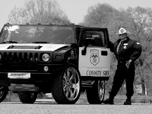 Automobile, hummer, police officer, police