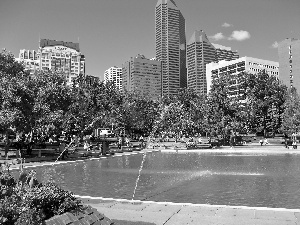 town, Calgary, pond, Fountains, Park, panorama