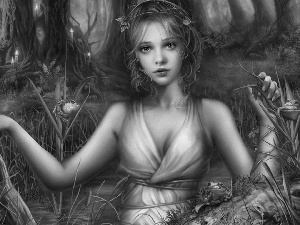 girl, forest, pond, hands
