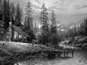 Pond - car, Thomas Kinkade, trees, viewes, Home