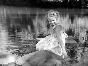 Stones, girl, Pond - car