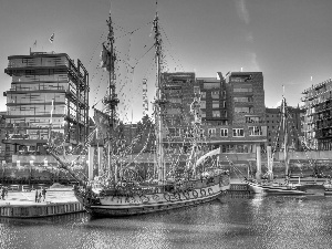 Ship, buildings, port, Sailing