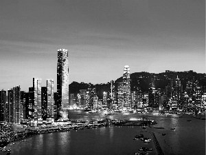 port, Yachts, night, skyscraper, Hong Hong