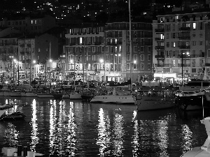 Coast, night, Boats, sea, Nicea, port, Yachts