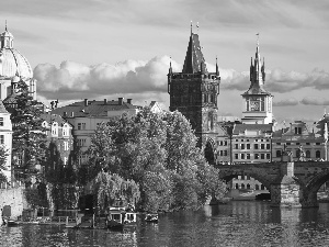 Houses, River, Prague, bridge