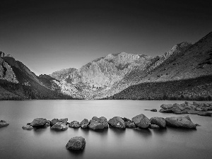 Stones, Przebijające, luminosity, ligh, flash, River, Mountains, sun