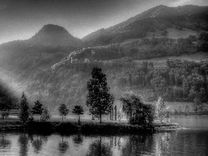 viewes, River, Przebijające, sun, Mountains, trees