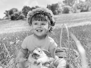 wreath, girl, Rabbit, basket, dandelions, Meadow