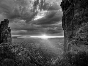 clouds, canyon, sun, forest, rocks, rays, Arizona