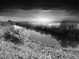 viewes, medows, sun, trees, River, rays, autumn