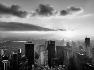 clouds, skyscrapers, rays, sun, panorama, town, New, Jork, clouds