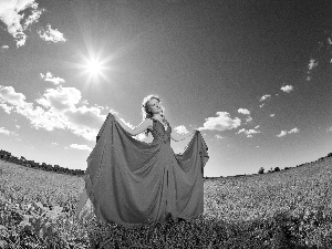 rays, sun, Meadow, clouds, Blonde