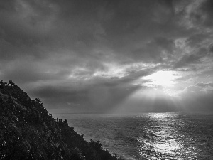 Coast, Lighthouse, rays, sun, clouds, maritime