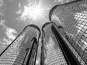 Sky, skyscrapers, rays, sun, clouds, clouds