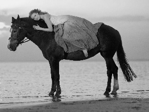 Beaches, Women, rays, sun, sea, Horse