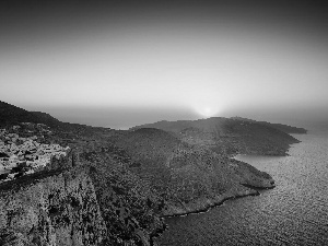 Mountains, Coast, rays, sun, Town, rocks