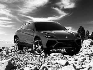 Red, Lamborghini Urus, Stones, Sky, River