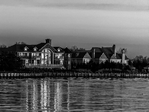 Floodlit, River, reflection, house