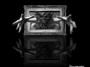 Mask, frame, reflection, hands