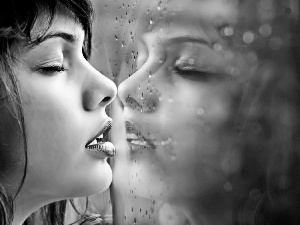 profile, Beauty, reflection, Rain, Glass, Women