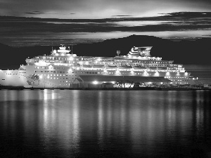reflection, sea, passenger, Night, Ship