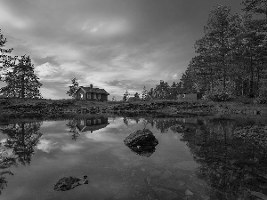 Houses, Norway, viewes, reflection, trees, Vaeleren Lake