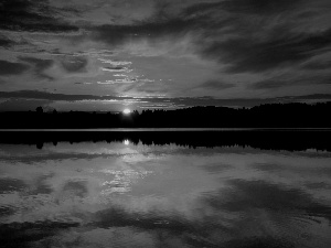 west, lake, reflection, sun