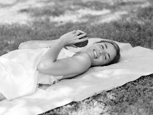 resting, Meadow, Women, Apple, smiling