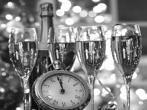 Clock, Lights, ribbon, Champagne