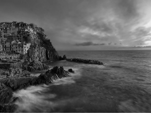 Houses, sea, Riomaggiore, Liguria, Town, rocks