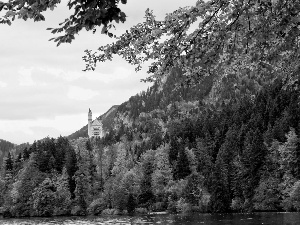 River, autumn, Mountains, woods, Castle