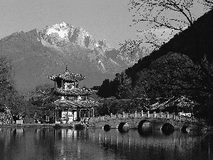 River, bridge, Mountains, Home, Japan