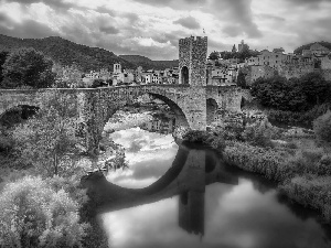River, Bush, Spain, bridge, Besalu