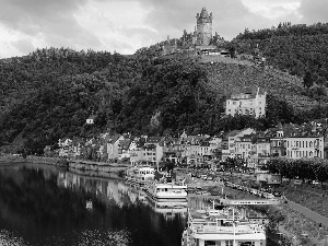 City of Cochem, Reichsburg Castle, The Hills, Moselle River, woods, Rhineland-Palatinate, Germany, vessels