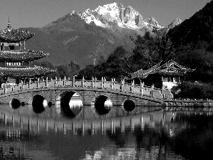 Japan, bridge, River, Mountains